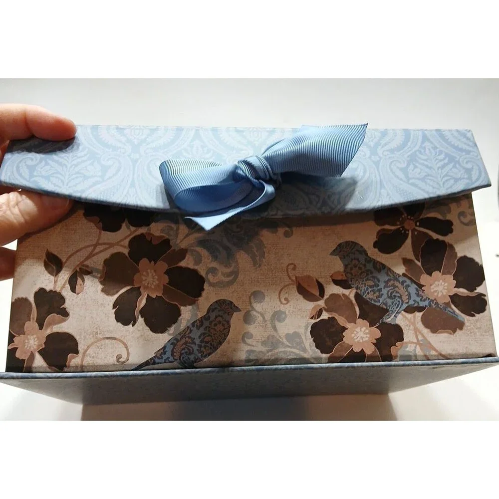 Decorative Gift Box Hook And Loop Closure Blue Bow Birds Florals Cottage